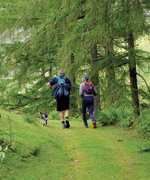 Keith Richardson, Joss Naylor and Titch walk out of Wasdale Head into Mosedale. Copyright © Val Corbett.